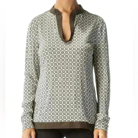 Tory Burch | Cream & Brown Print Scoop Neck Blouse, 100% Silk Shell - Picture 1 of 6